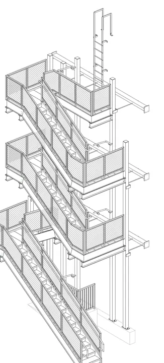 Egress stair, isometric, shop drawing by Swiss Drafting