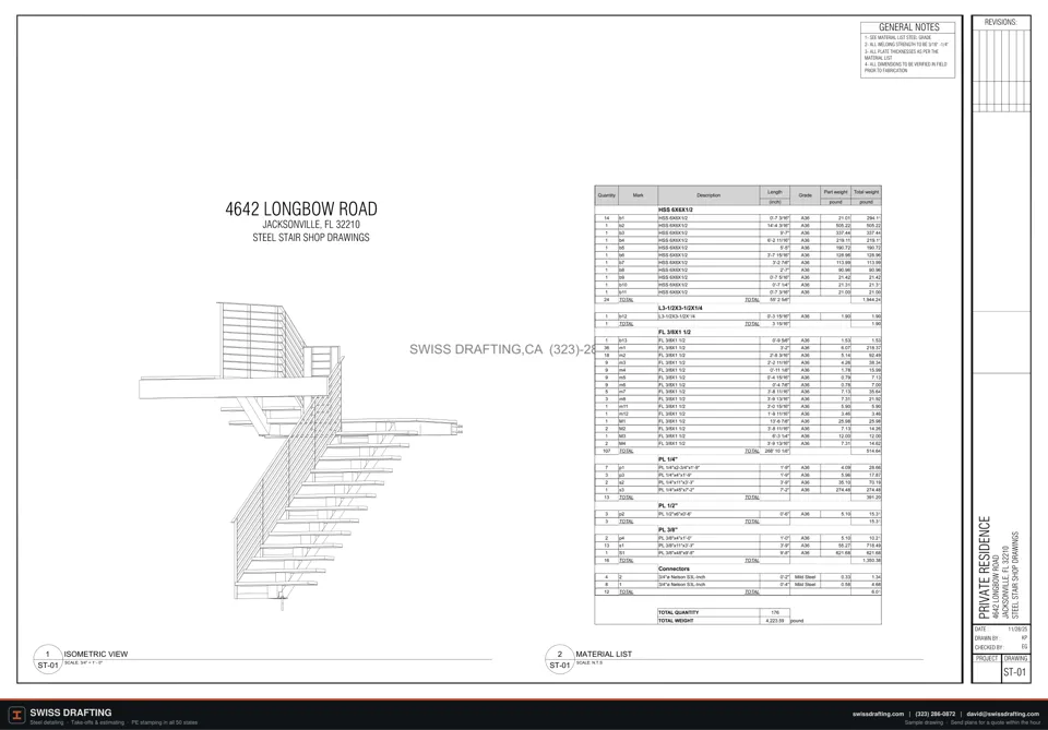 4642 LongBow Road steel stair, steel shop drawing sample by Swiss Drafting
