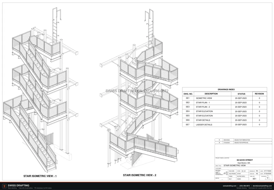 59 Gove Street egress stairs, steel shop drawing sample by Swiss Drafting