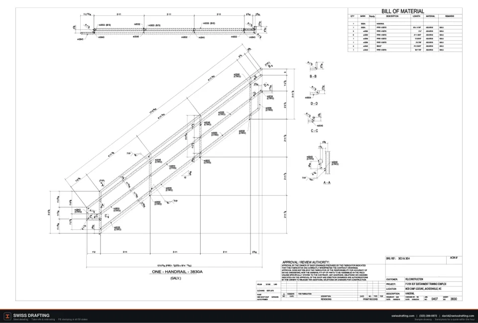 Handrail details, steel shop drawing sample by Swiss Drafting